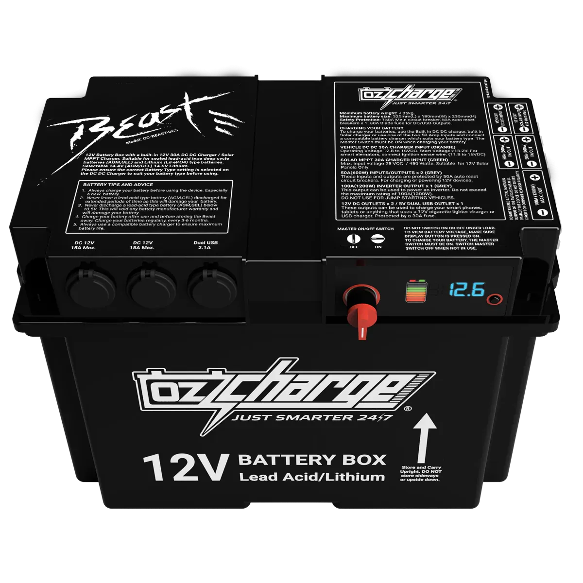 12V Beast Battery Box with 30A DC DC / Solar MPPT Charger by Ozcharge