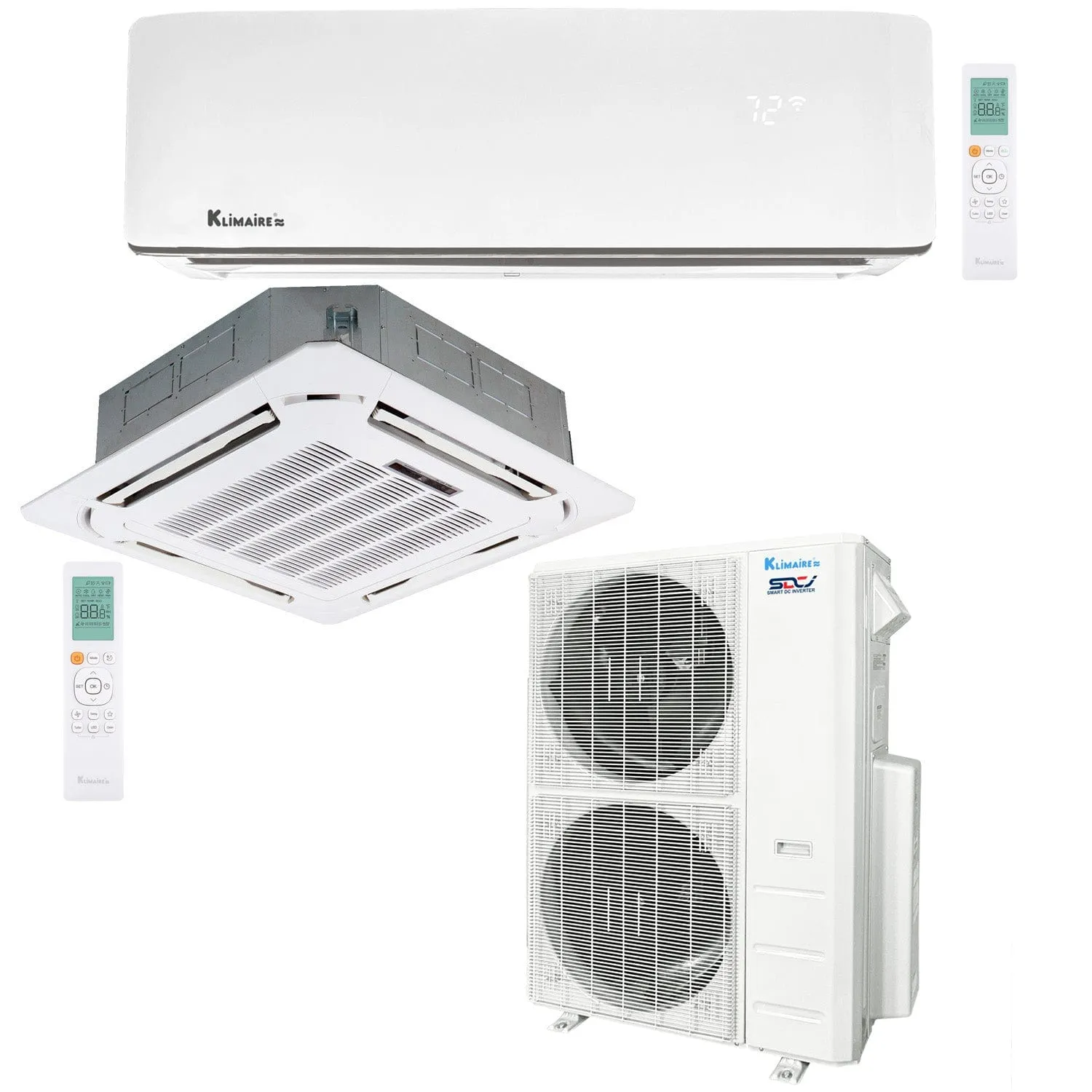 2-Zone Klimaire 21.1 SEER2 Multi Split Wall Mount Ceiling Cassette Air Conditioner Heat Pump System 18 24