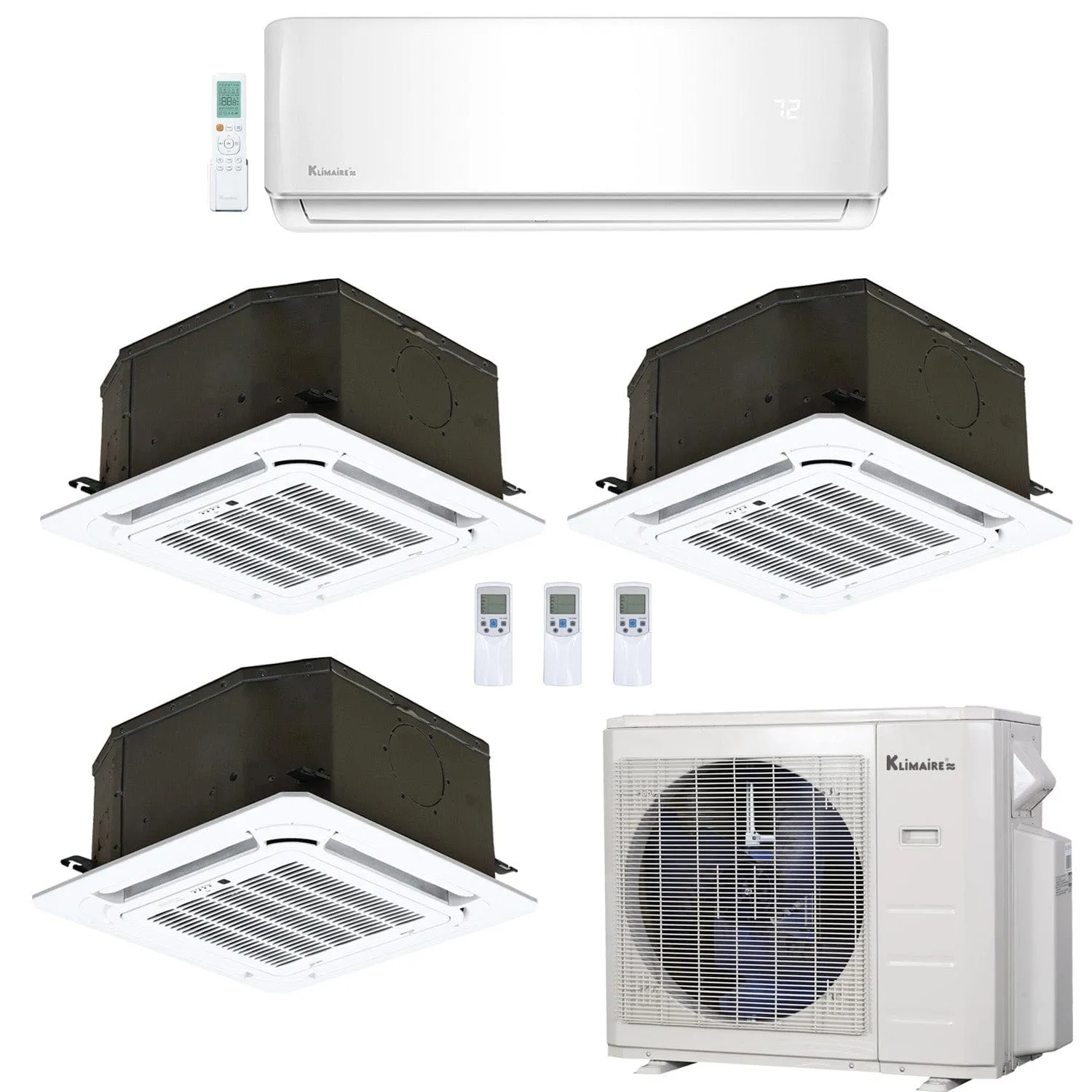 4-Zone Klimaire 23.1 SEER2 Multi Split Ceiling Cassette Wall Mount Air Conditioner Heat Pump System 12 12 12 12