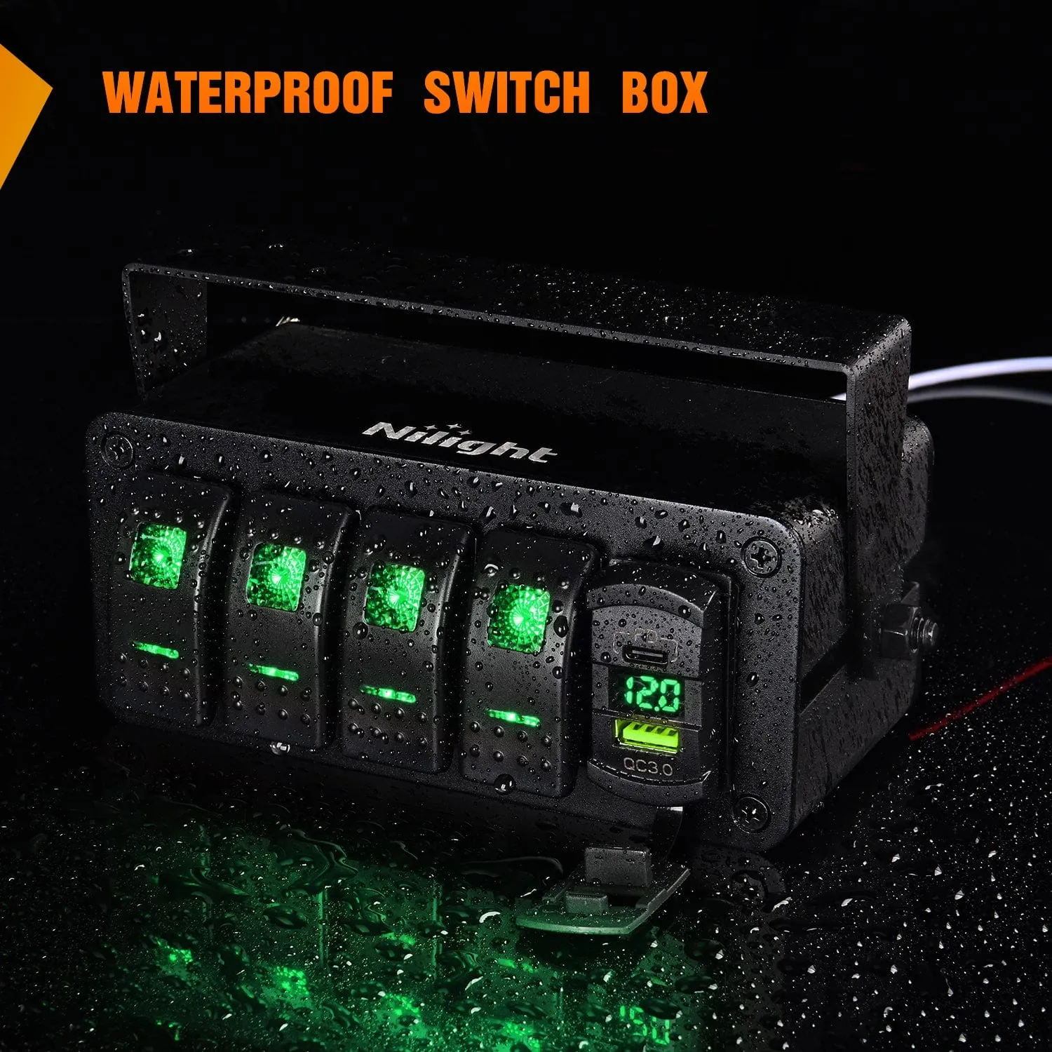 4Gang Aluminum ON/Off Rocker Switch Box w/ QC 3.0 Dual USB Charger Voltmeter with Green Backlit