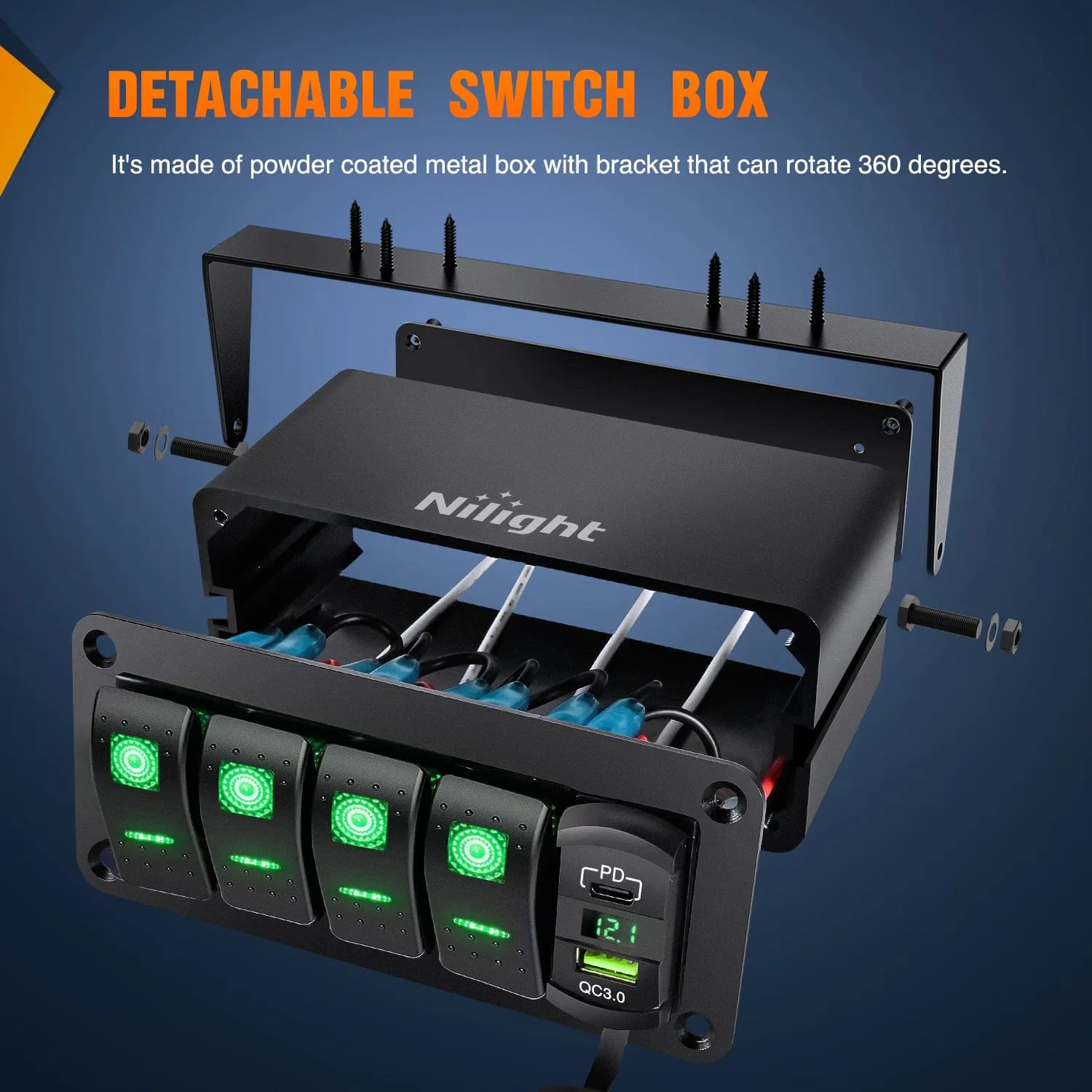 4Gang Aluminum ON/Off Rocker Switch Box w/ QC 3.0 Dual USB Charger Voltmeter with Green Backlit