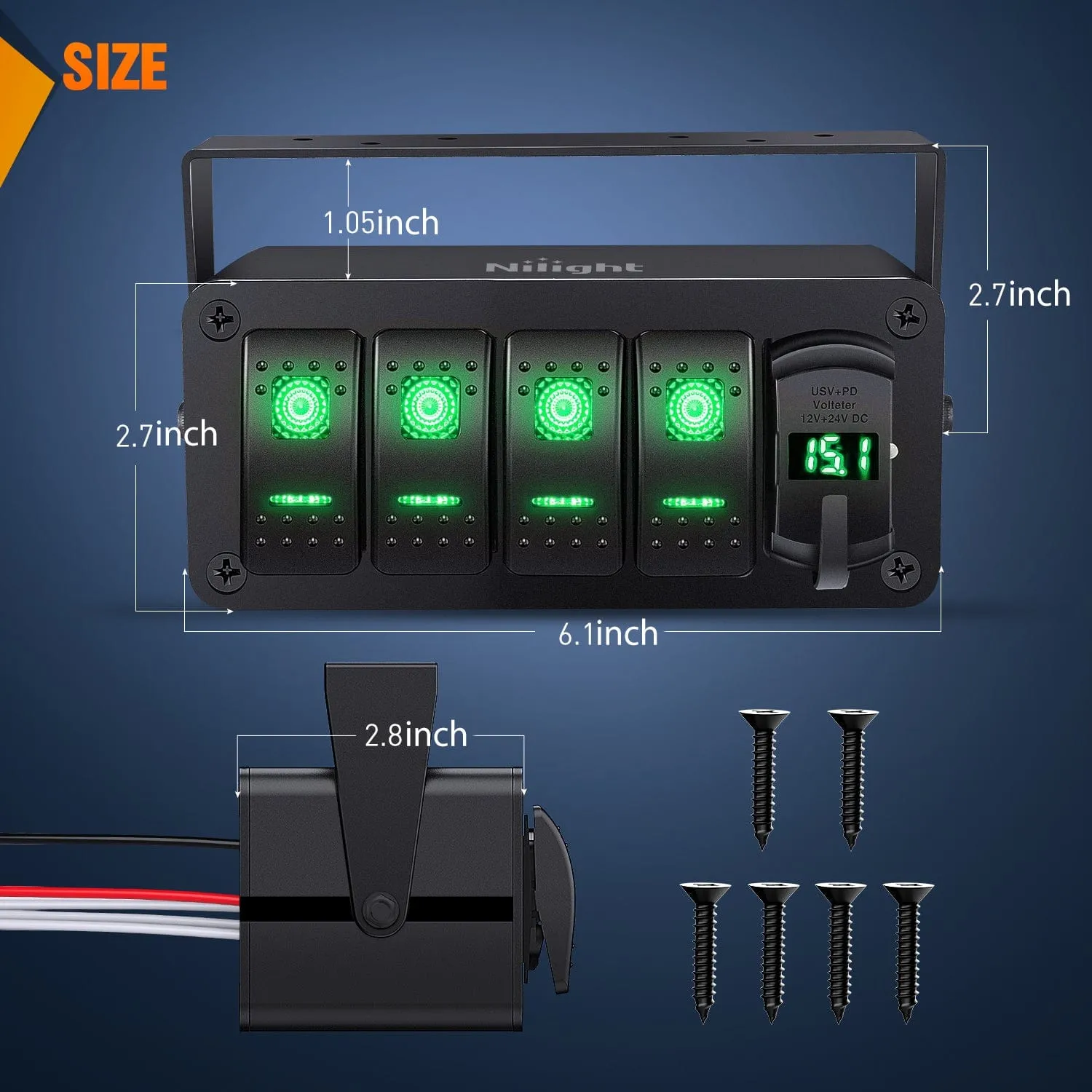 4Gang Aluminum ON/Off Rocker Switch Box w/ QC 3.0 Dual USB Charger Voltmeter with Green Backlit