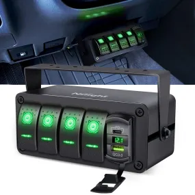 4Gang Aluminum ON/Off Rocker Switch Box w/ QC 3.0 Dual USB Charger Voltmeter with Green Backlit