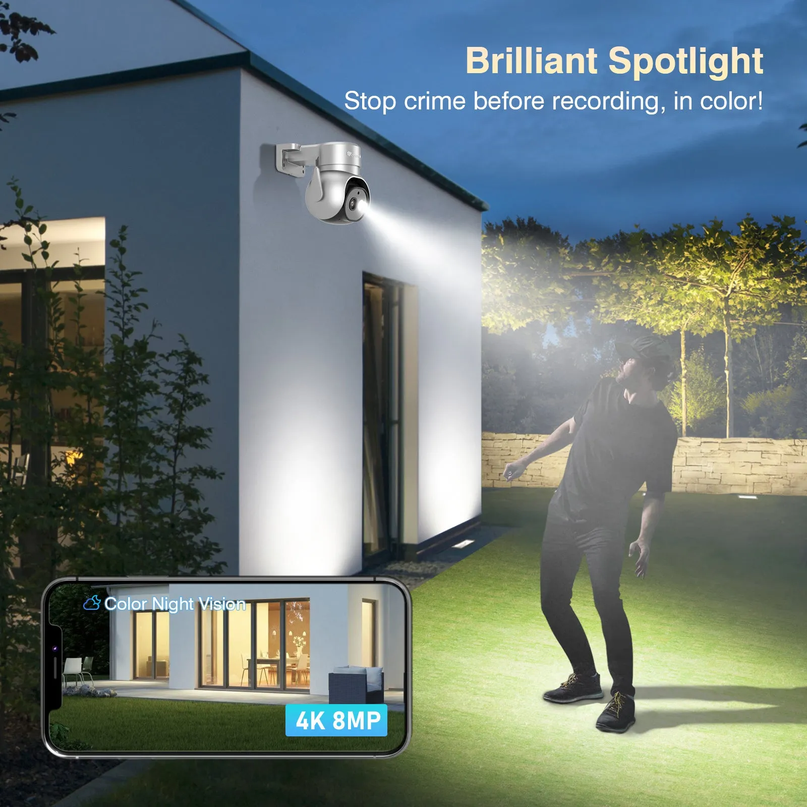 4K 8MP Outdoor WiFi Surveillance Camera with Spotlight, 2.4/5Ghz WiFi PTZ Camera Human/Animal/Vehicle Detection