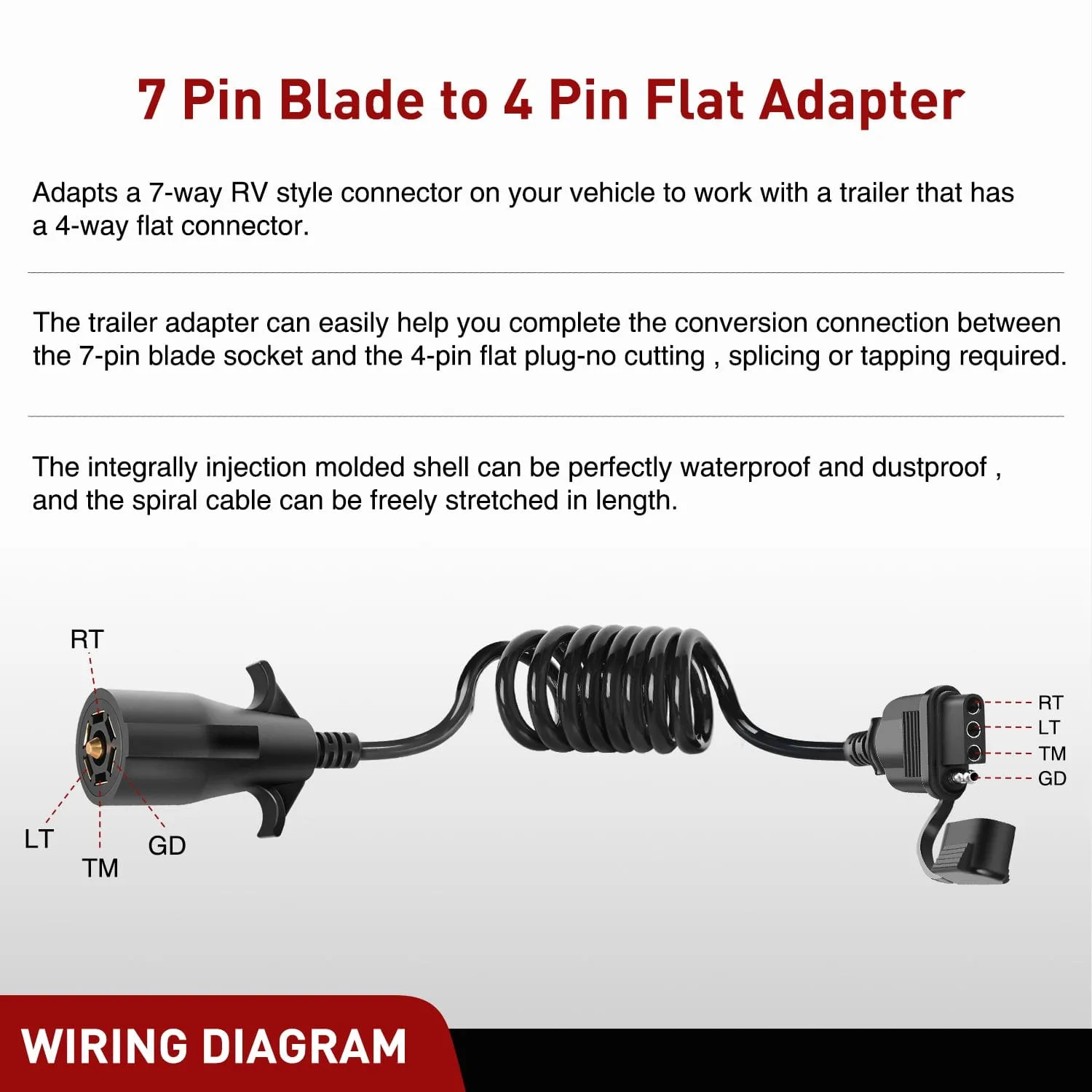 5ft 7 Way to 4 Way Coiled Trailer Extension Wiring Harness