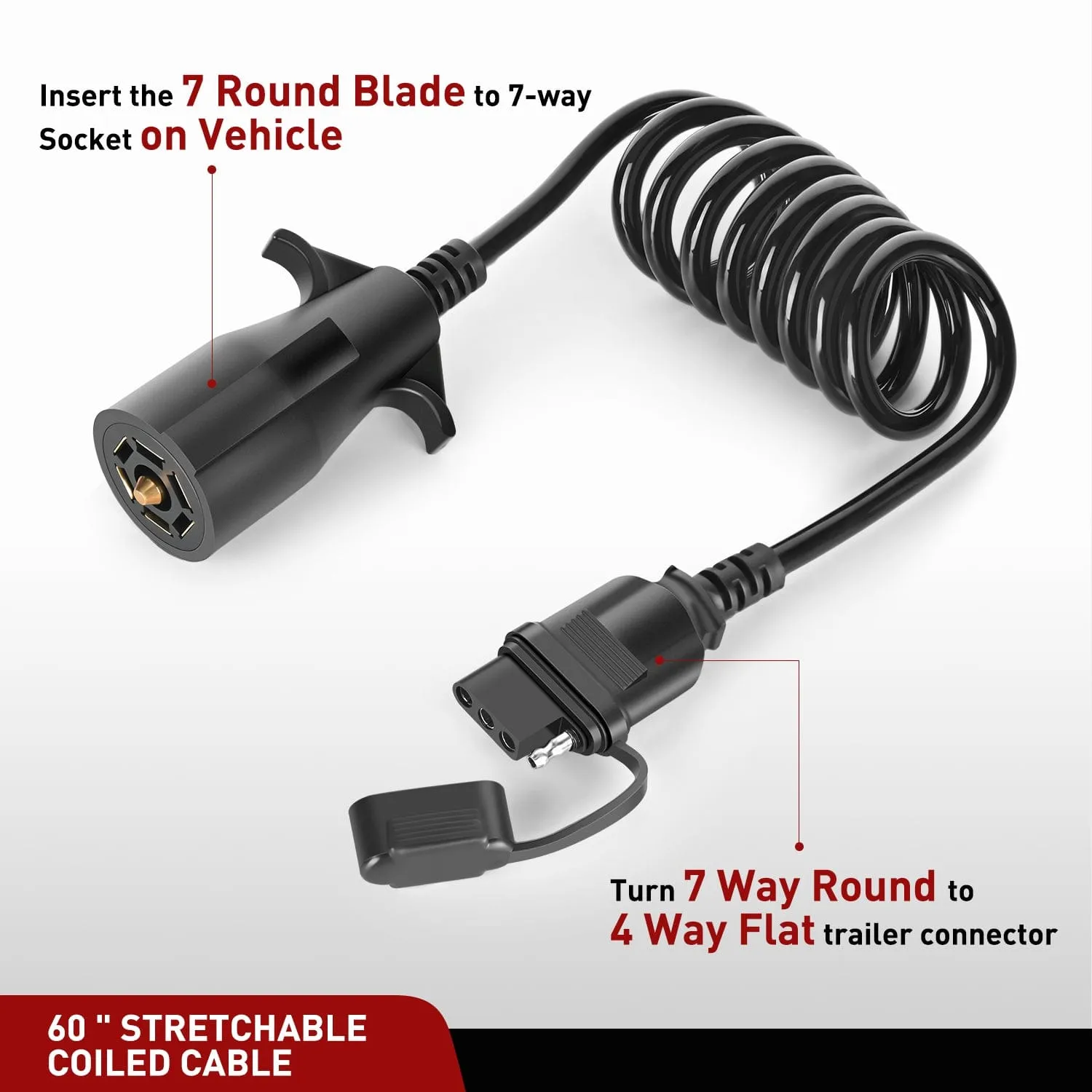 5ft 7 Way to 4 Way Coiled Trailer Extension Wiring Harness