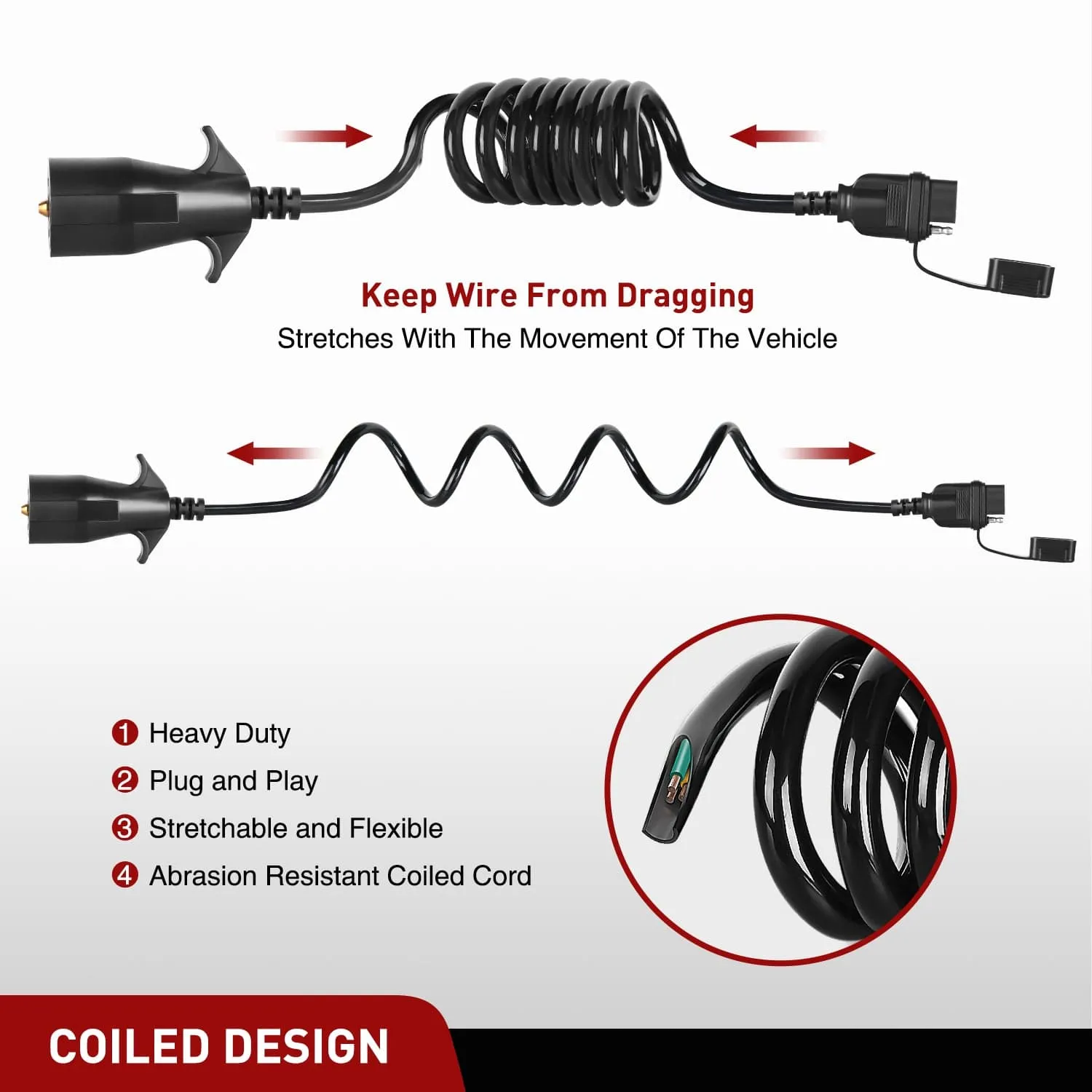 5ft 7 Way to 4 Way Coiled Trailer Extension Wiring Harness
