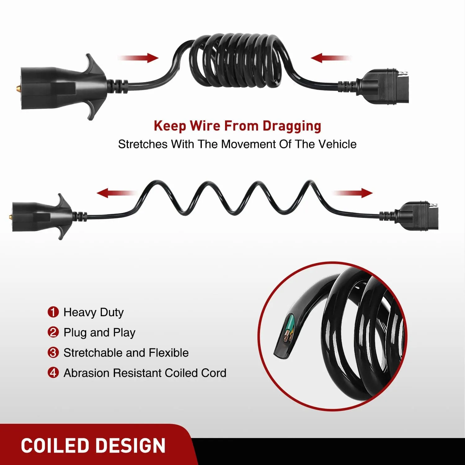 5ft 7 Way to 5 Way Coiled Trailer Extension Wiring Harness