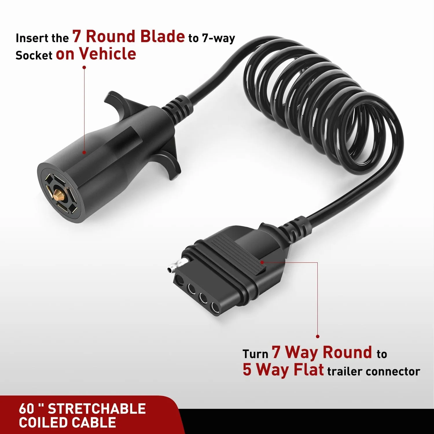 5ft 7 Way to 5 Way Coiled Trailer Extension Wiring Harness
