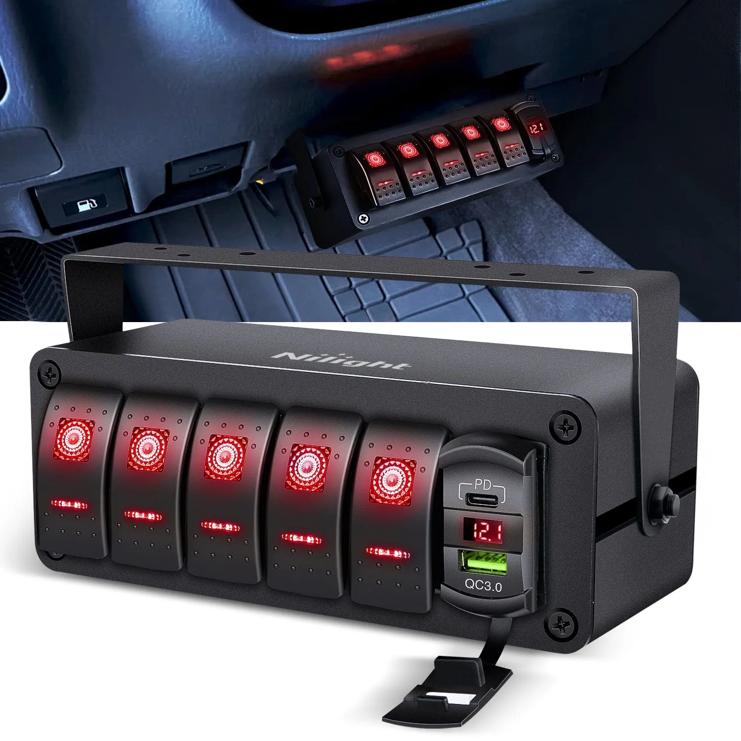 5Gang Aluminum ON/Off Rocker Switch Box w/ QC 3.0 Dual USB Charger Voltmeter with Red Backlit