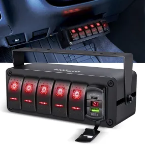 5Gang Aluminum ON/Off Rocker Switch Box w/ QC 3.0 Dual USB Charger Voltmeter with Red Backlit