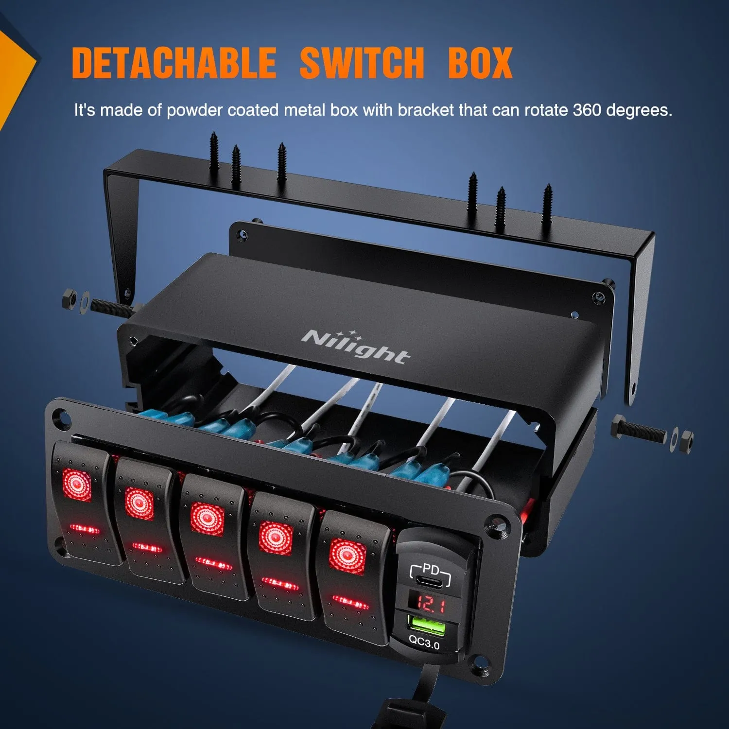 5Gang Aluminum ON/Off Rocker Switch Box w/ QC 3.0 Dual USB Charger Voltmeter with Red Backlit