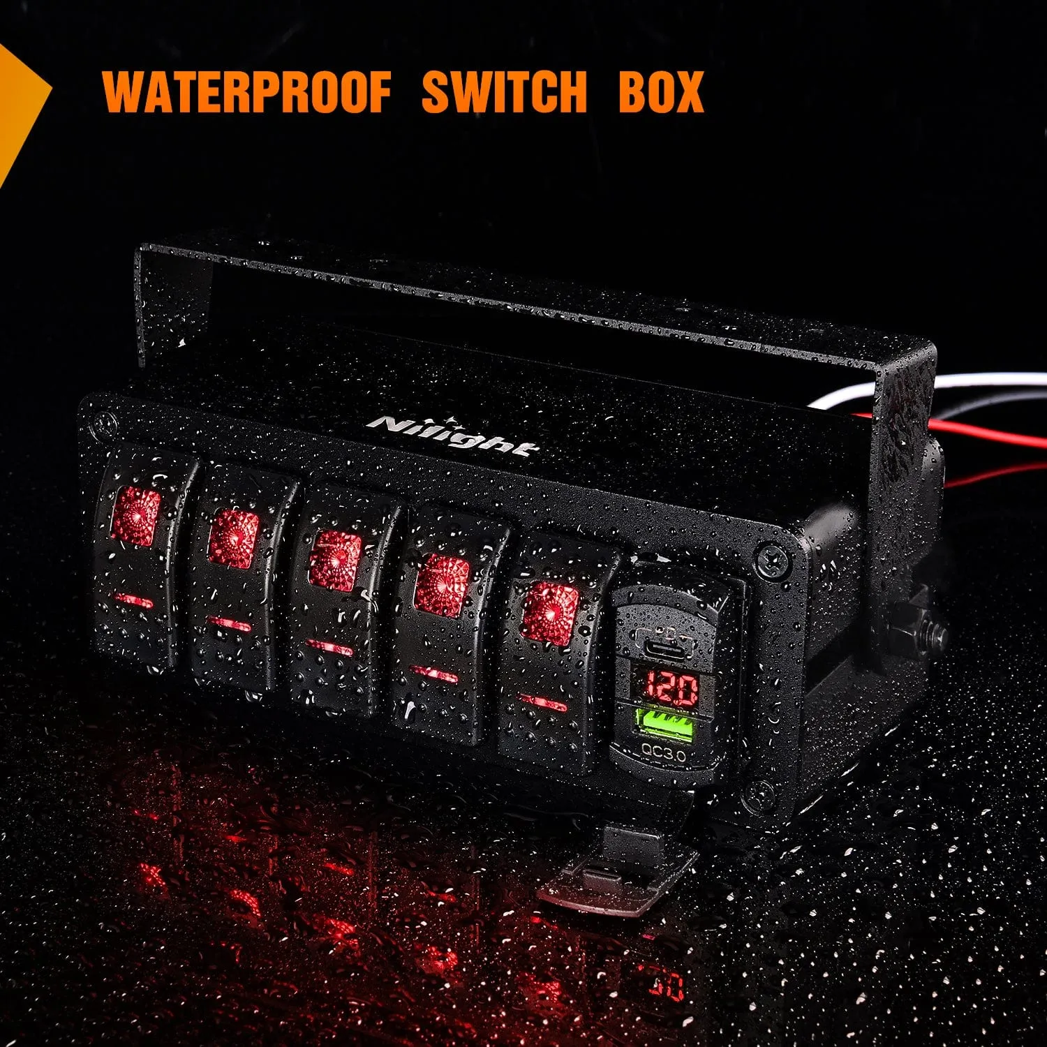 5Gang Aluminum ON/Off Rocker Switch Box w/ QC 3.0 Dual USB Charger Voltmeter with Red Backlit