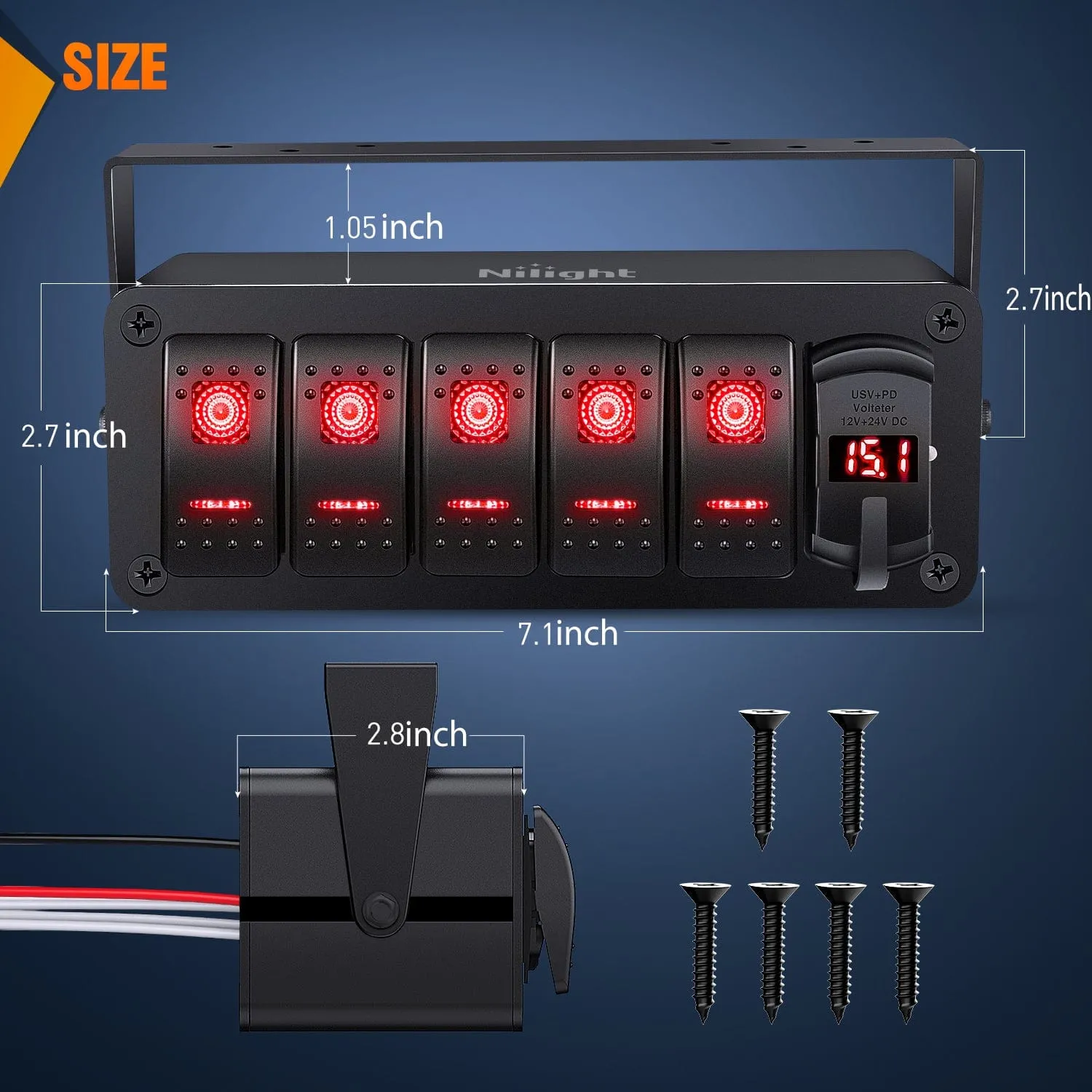 5Gang Aluminum ON/Off Rocker Switch Box w/ QC 3.0 Dual USB Charger Voltmeter with Red Backlit