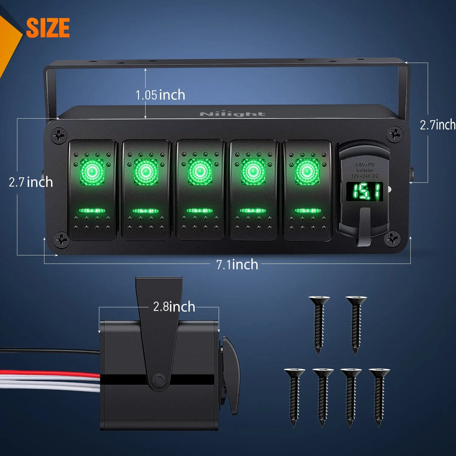5Gang Aluminum ON/Off Rocker Switch Box w/ QC 3.0 Dual USB Charger Voltmeter