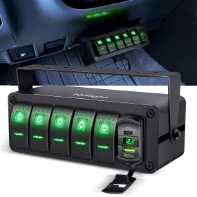 5Gang Aluminum ON/Off Rocker Switch Box w/ QC 3.0 Dual USB Charger Voltmeter