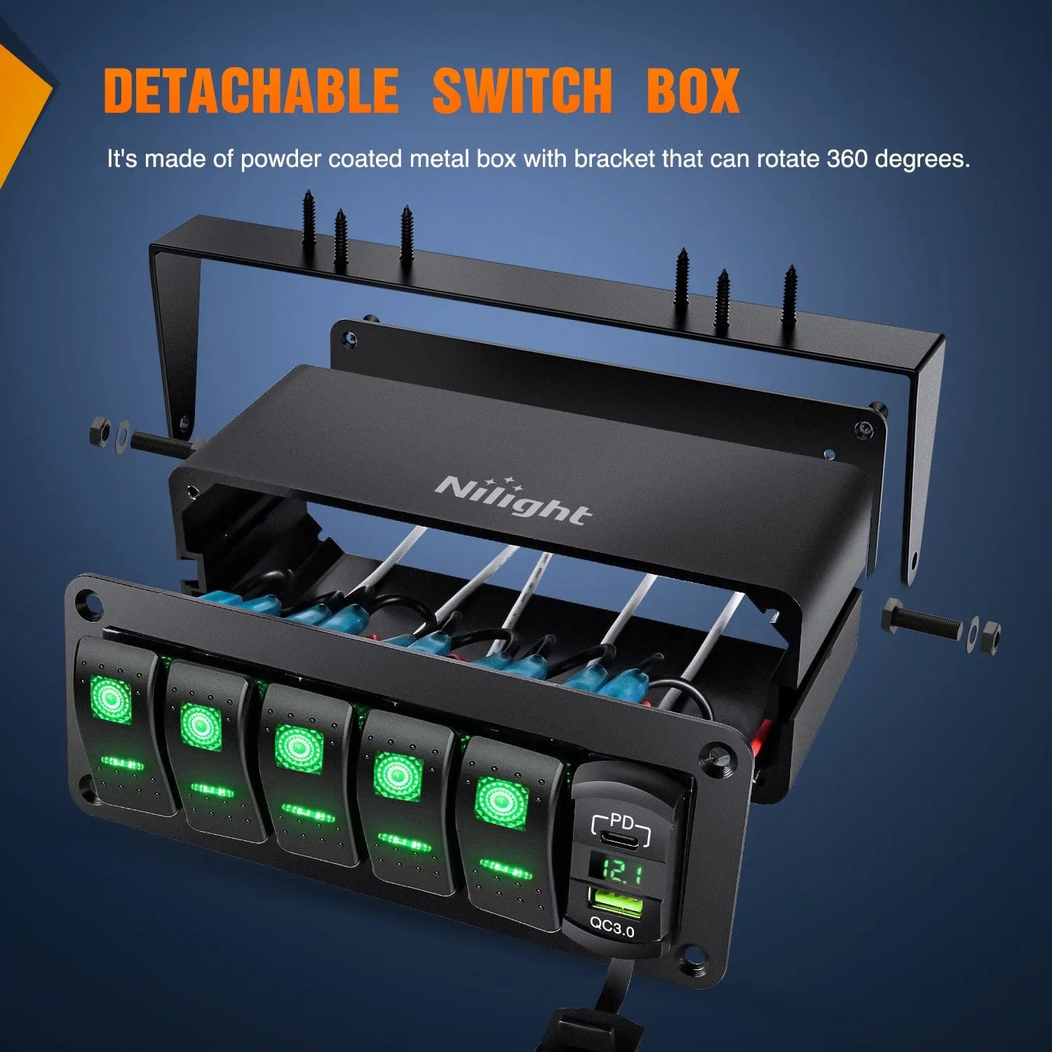 5Gang Aluminum ON/Off Rocker Switch Box w/ QC 3.0 Dual USB Charger Voltmeter