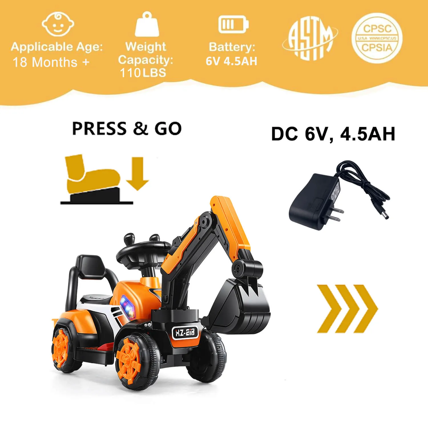 6V Electric Excavator Kids Ride-on Pedal Tractor With Power Digger & Music Sounds