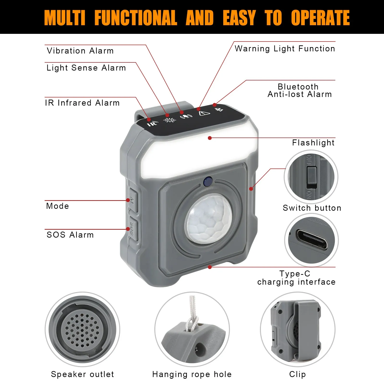 7-IN-1 Ultimate Multi-functional Personal Alarm (Grey)