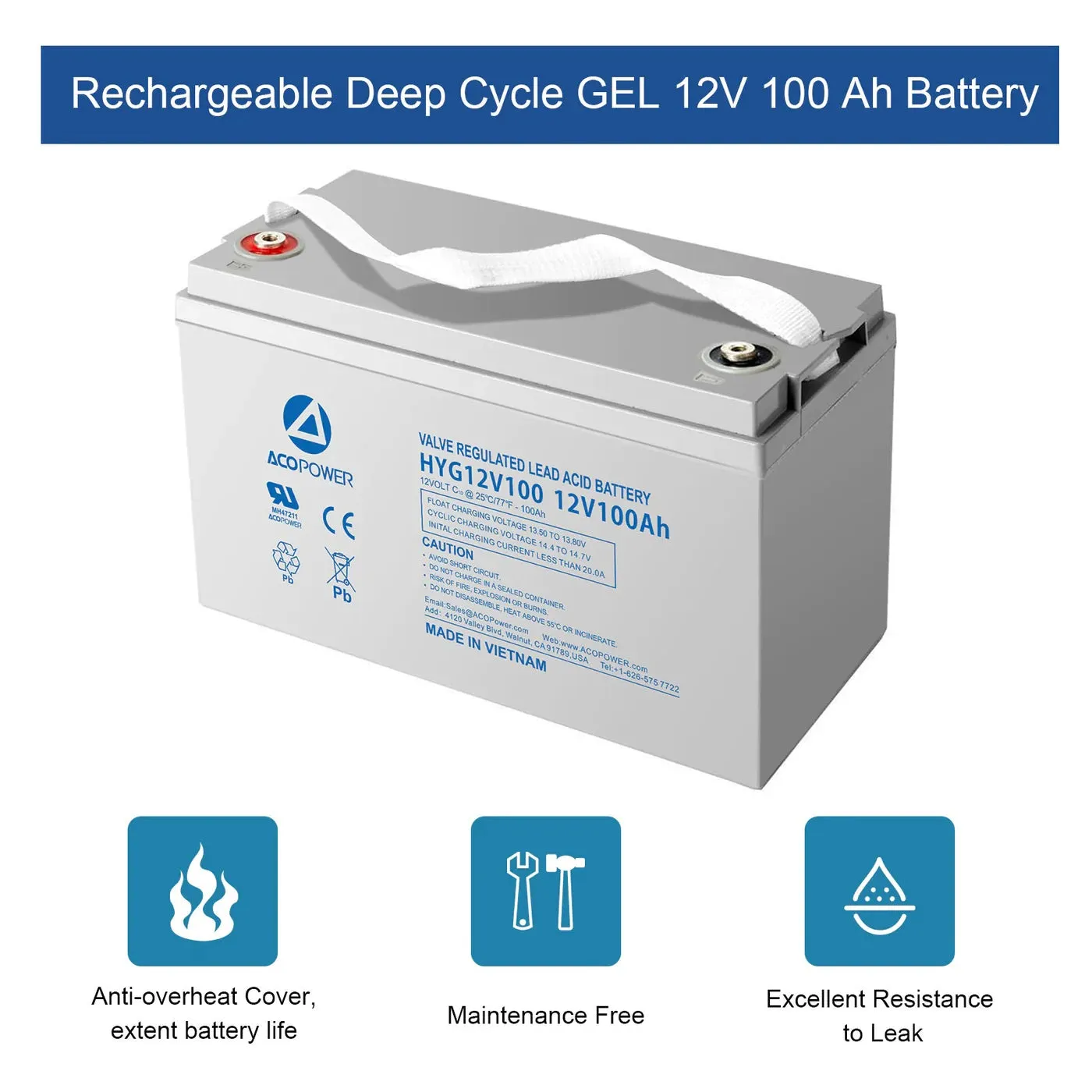 ACOPower 12V 100Ah Rechargeable Gel Deep Cycle Battery with Button Style Terminals