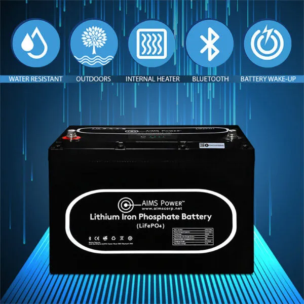 AIMS Power 12V 104Ah LiFePO4 Battery | Wake-Up Feature | Internal Heater | Bluetooth Monitoring