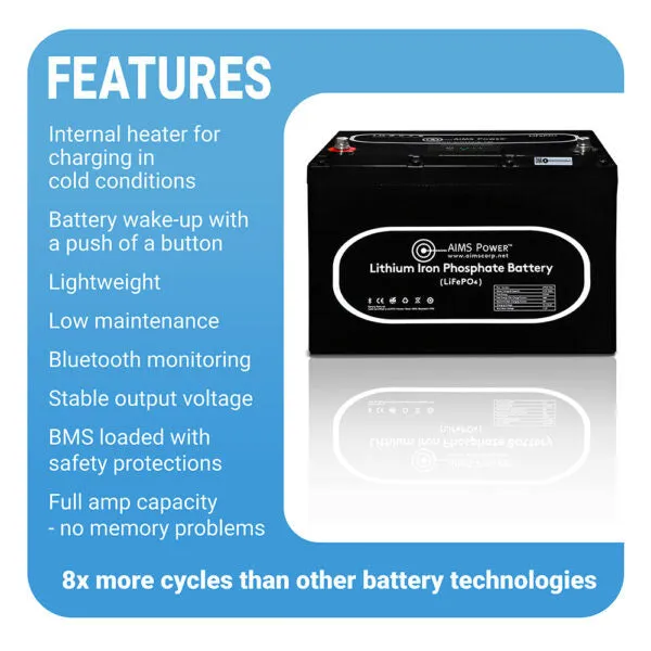 AIMS Power 12V 104Ah LiFePO4 Battery | Wake-Up Feature | Internal Heater | Bluetooth Monitoring