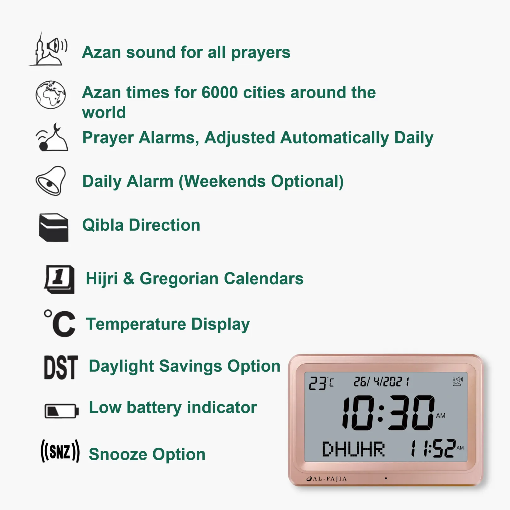 AL-FAJIA Automatic Worldwide Digital 8 Azan Sounds Wall and Desk Clock FAJ-113 (Rose)