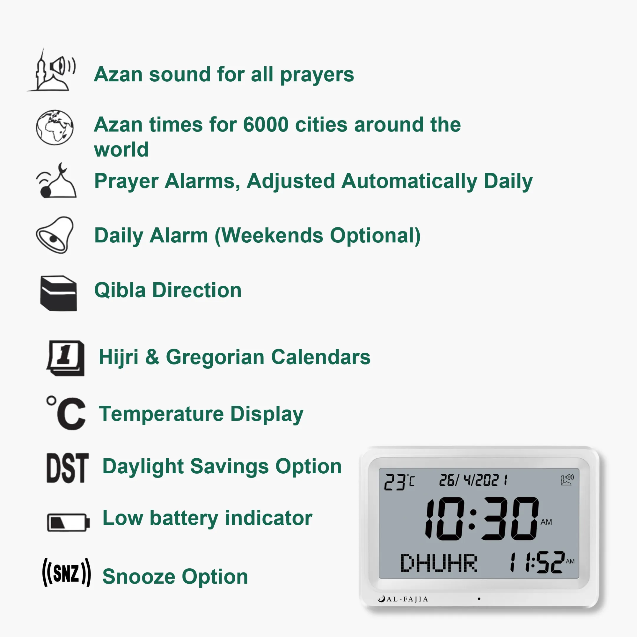 AL-FAJIA Automatic Worldwide Digital 8 Azan Sounds Wall and Desk Clock FAJ-113 (White)