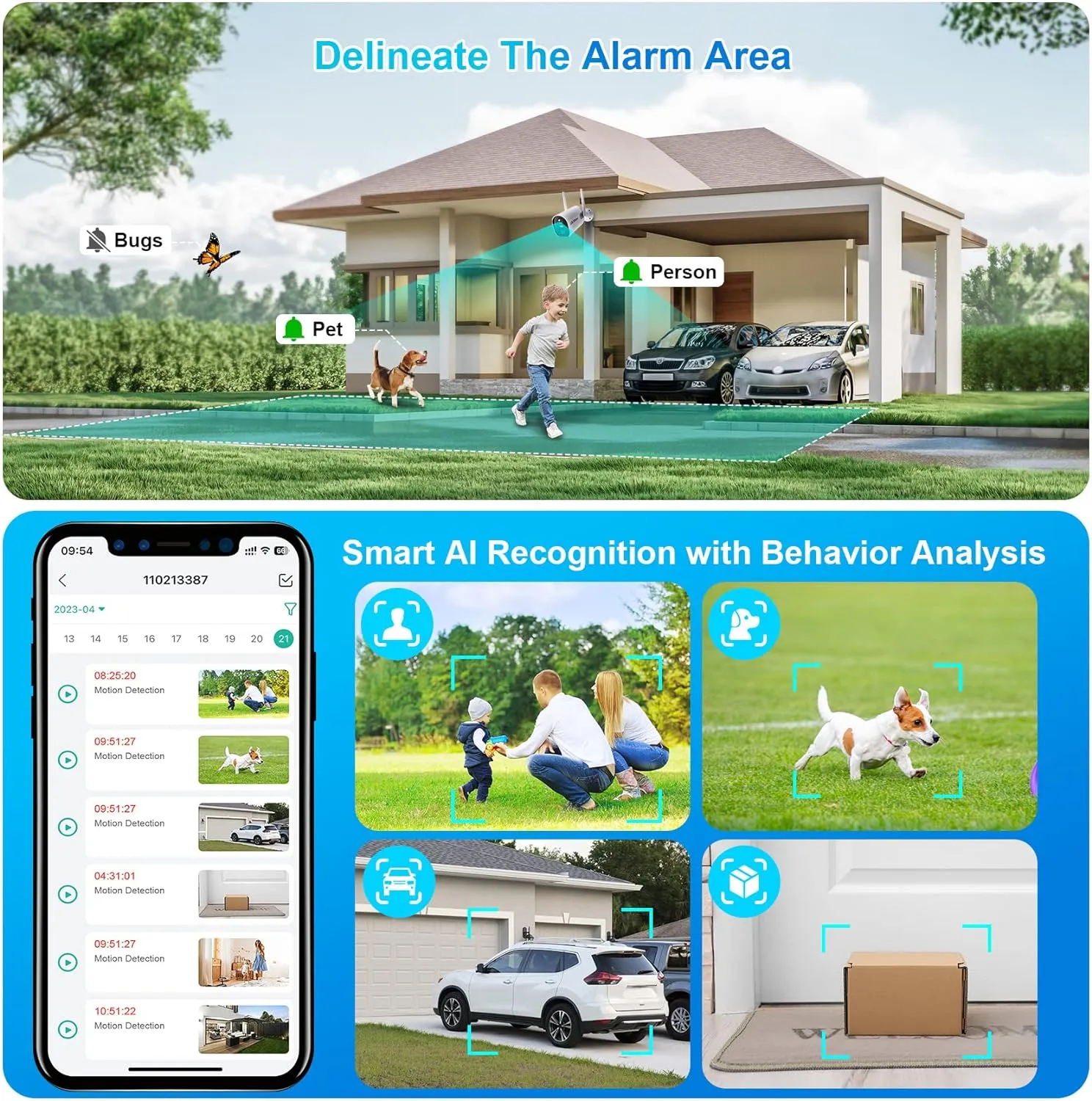 Cameras Wireless Outdoor - 2K HD Color Night Vision AI Motion Detection WiFi Wireless Cameras for Home Security, Spotlight Siren Alarm with 2-Way Audio, 7-Day Cloud/SD Storage
