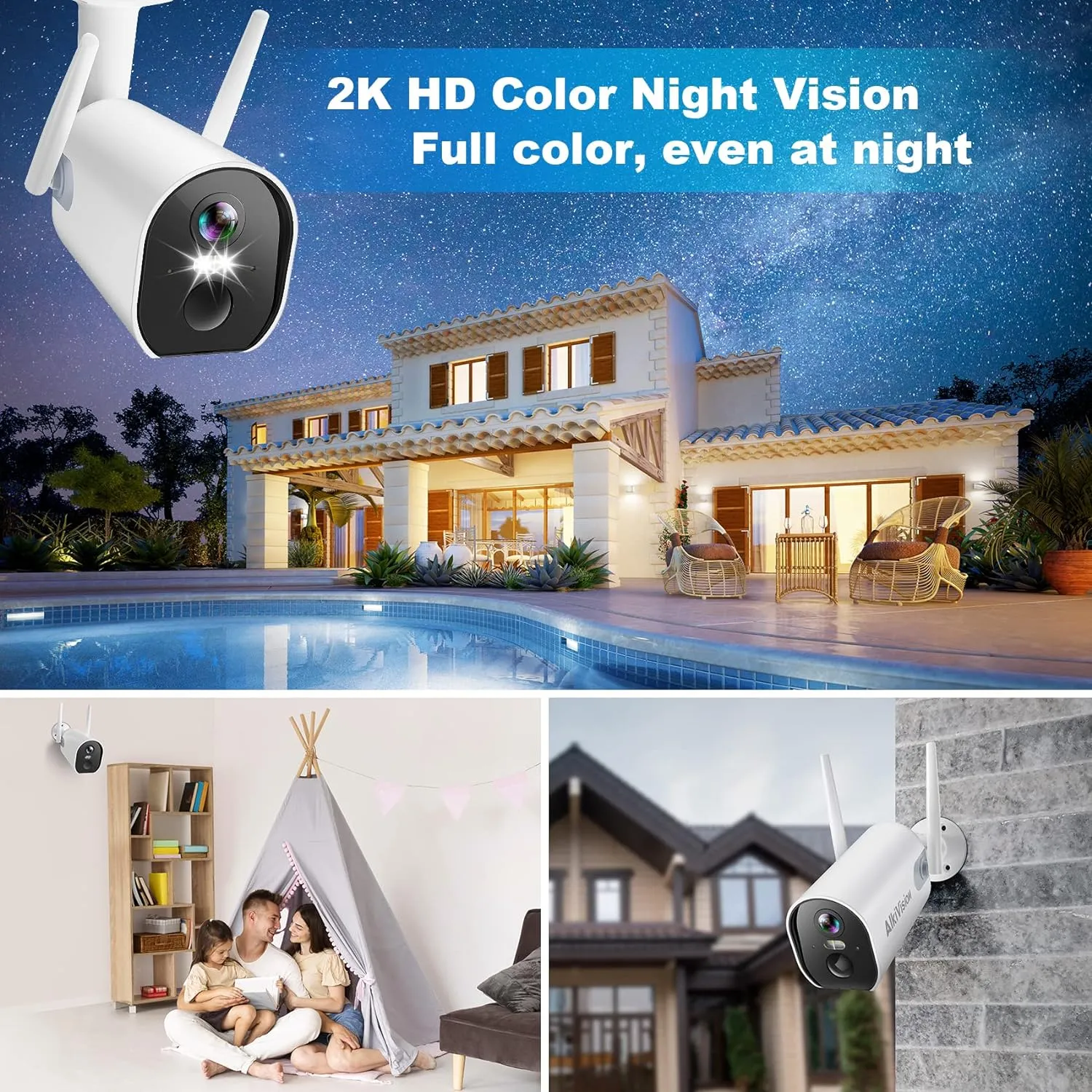 Cameras Wireless Outdoor - 2K HD Color Night Vision AI Motion Detection WiFi Wireless Cameras for Home Security, Spotlight Siren Alarm with 2-Way Audio, 7-Day Cloud/SD Storage