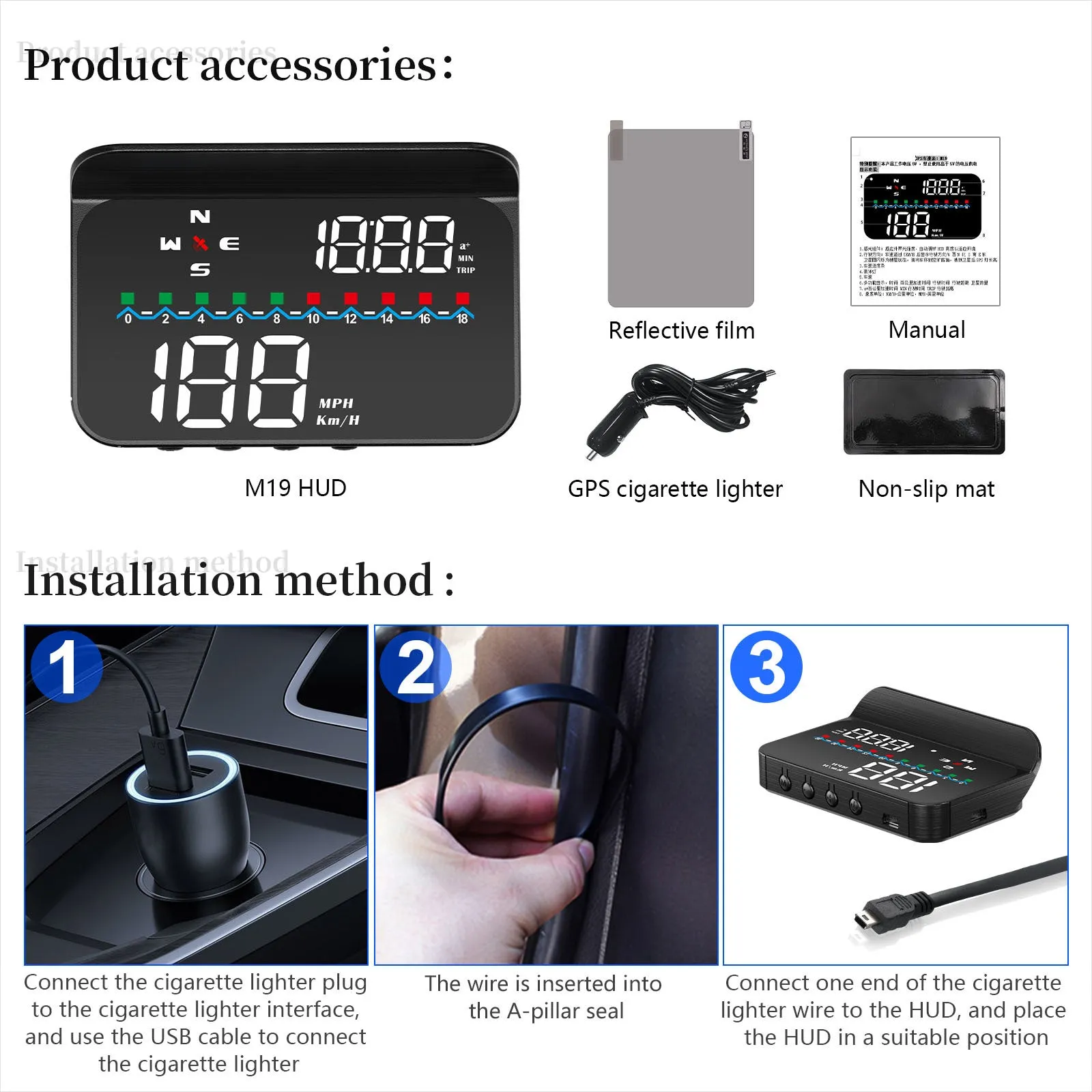Car Hud Head-up Display Gps System Hd Windshield Projector