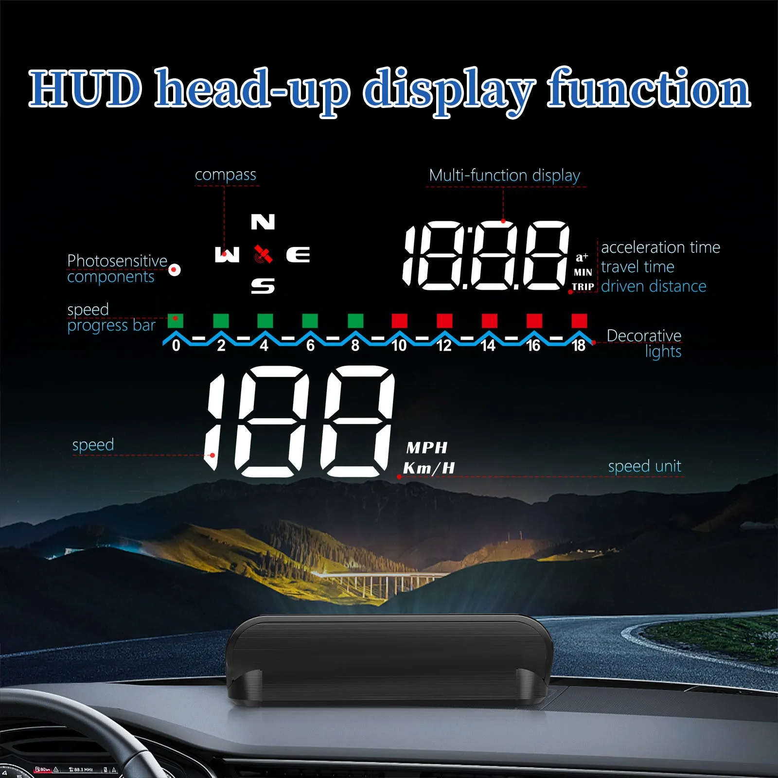 Car Hud Head-up Display Gps System Hd Windshield Projector