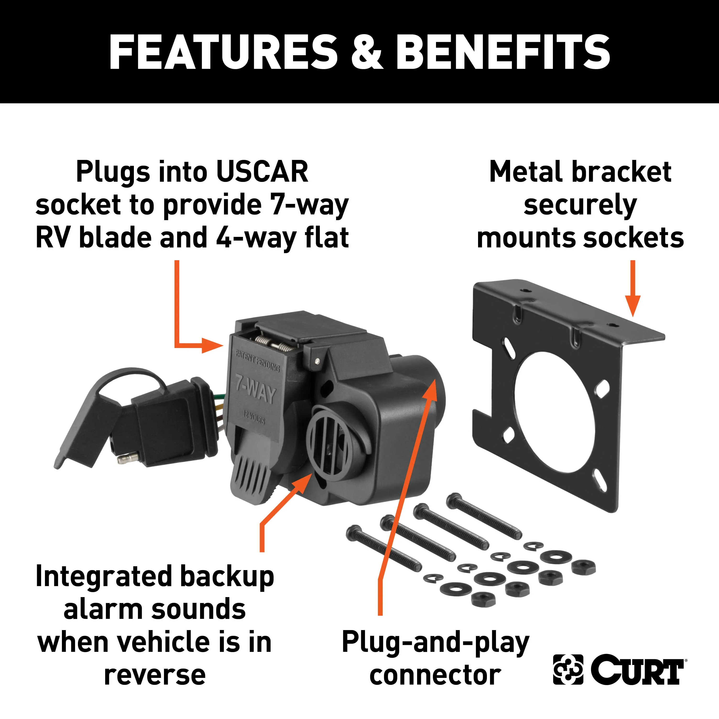 CURT 57101 Dual-Output 7/4-Way Connector with Backup Alarm (Plugs into USCAR)