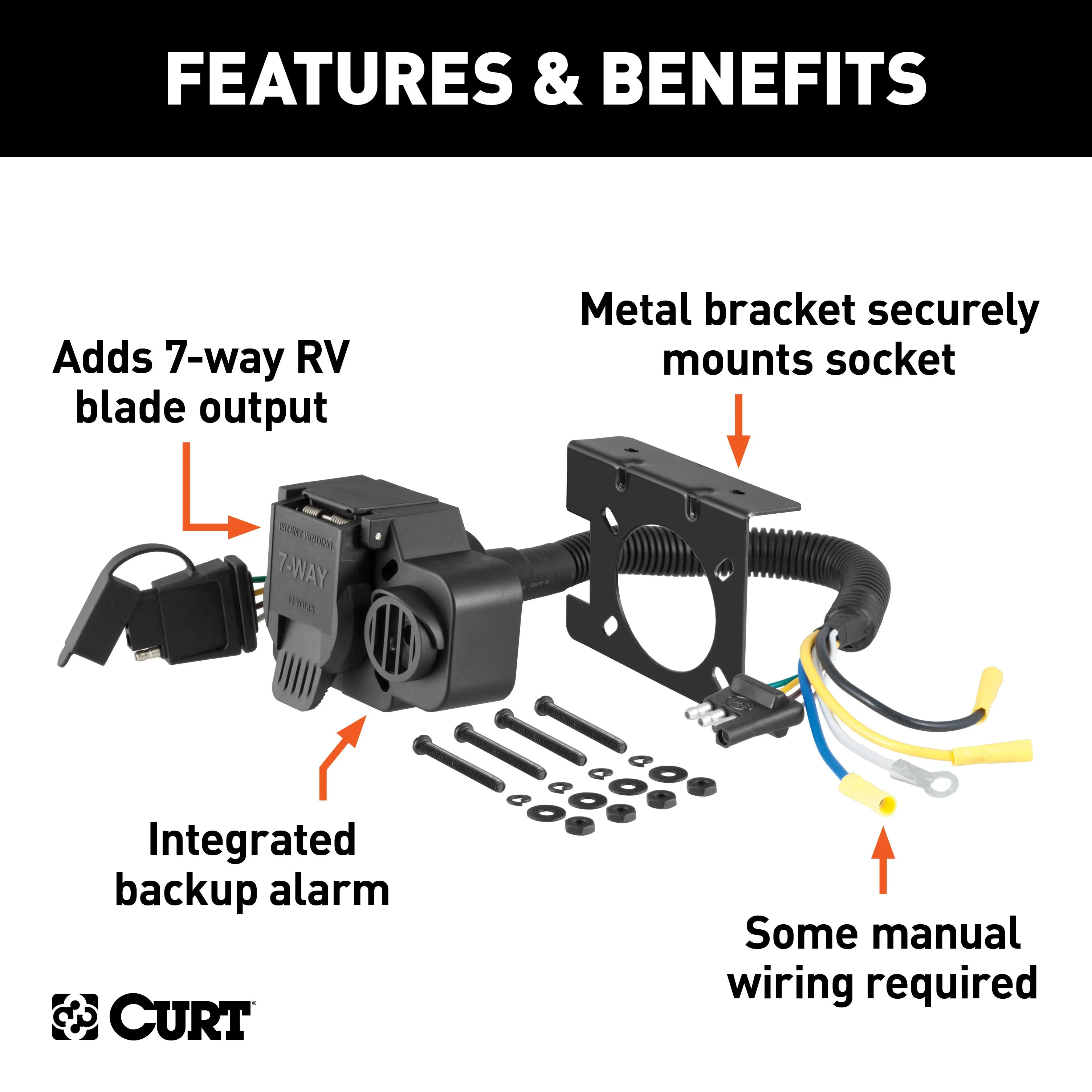 CURT 57102 Dual-Output Adapter with Backup Alarm (4-Way Flat to 7-Way RV Blade Trailer)