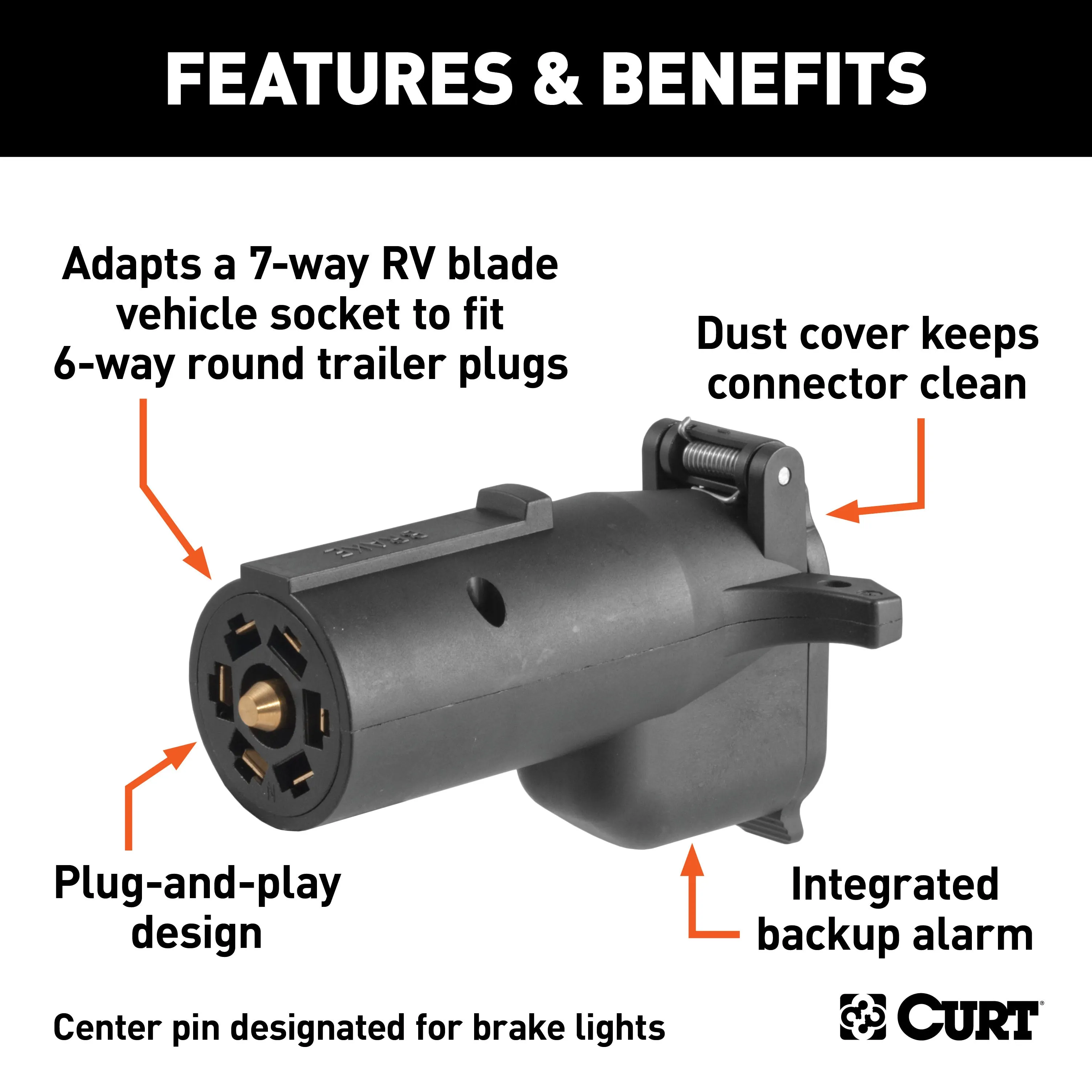 CURT 57720 Adapter with Alarm (7-Way RV Blade to 6-Way Round Trailer; Center Pin Brake)