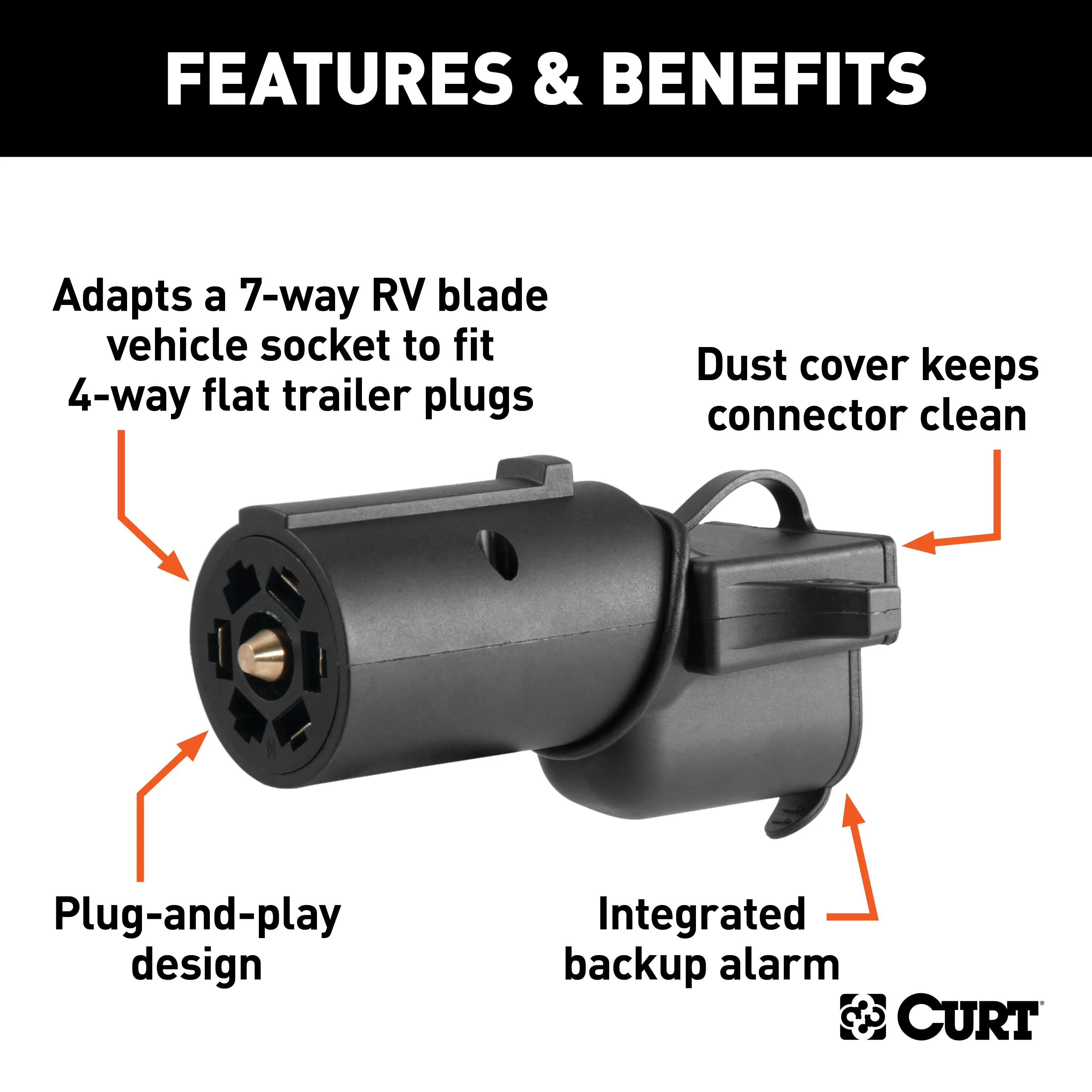 CURT 57724 Adapter with Backup Alarm (7-Way RV Blade Vehicle to 4-Way Flat Trailer)