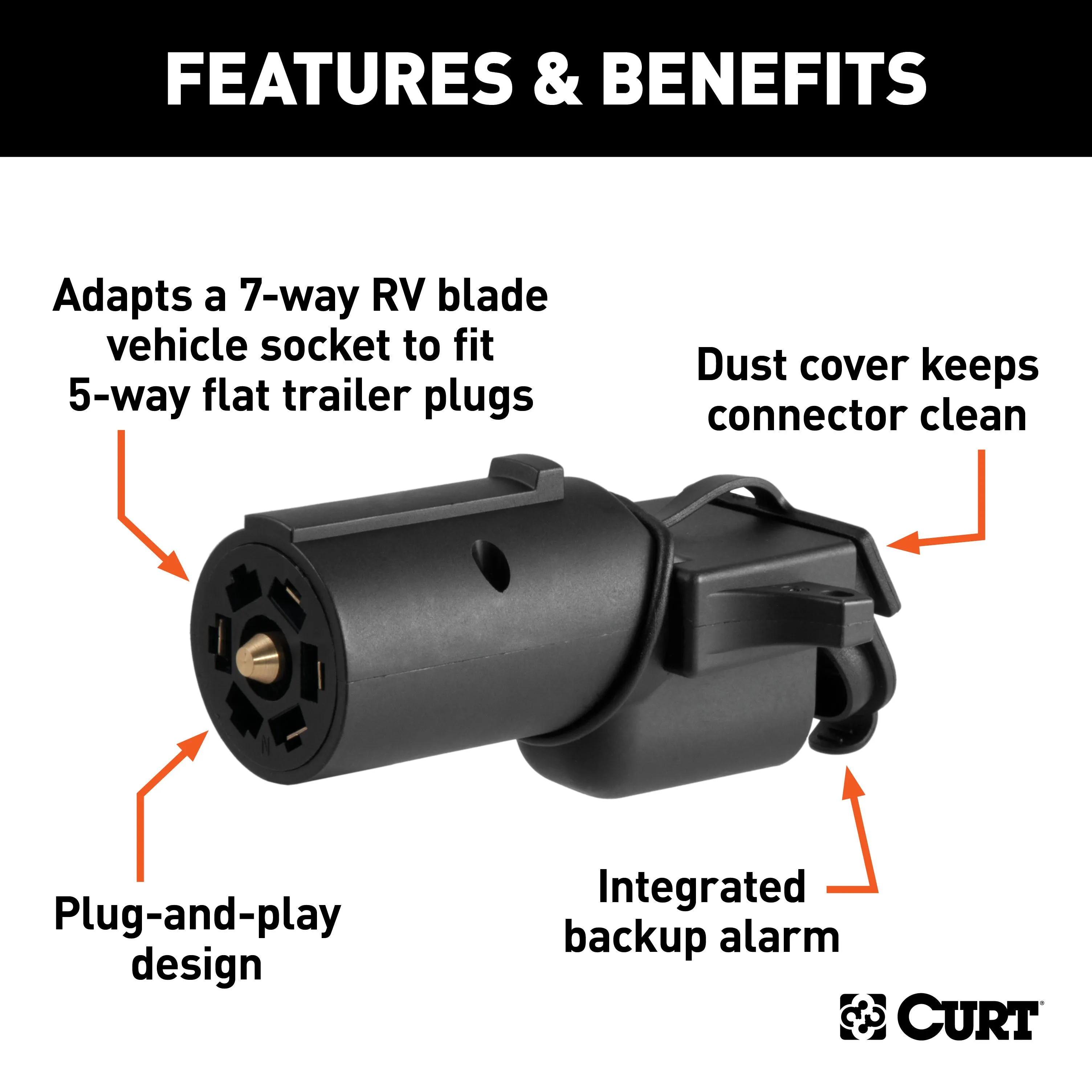 CURT 57725 Adapter with Backup Alarm (7-Way RV Blade Vehicle to 5-Way Flat Trailer)