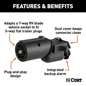 CURT 57725 Adapter with Backup Alarm (7-Way RV Blade Vehicle to 5-Way Flat Trailer)
