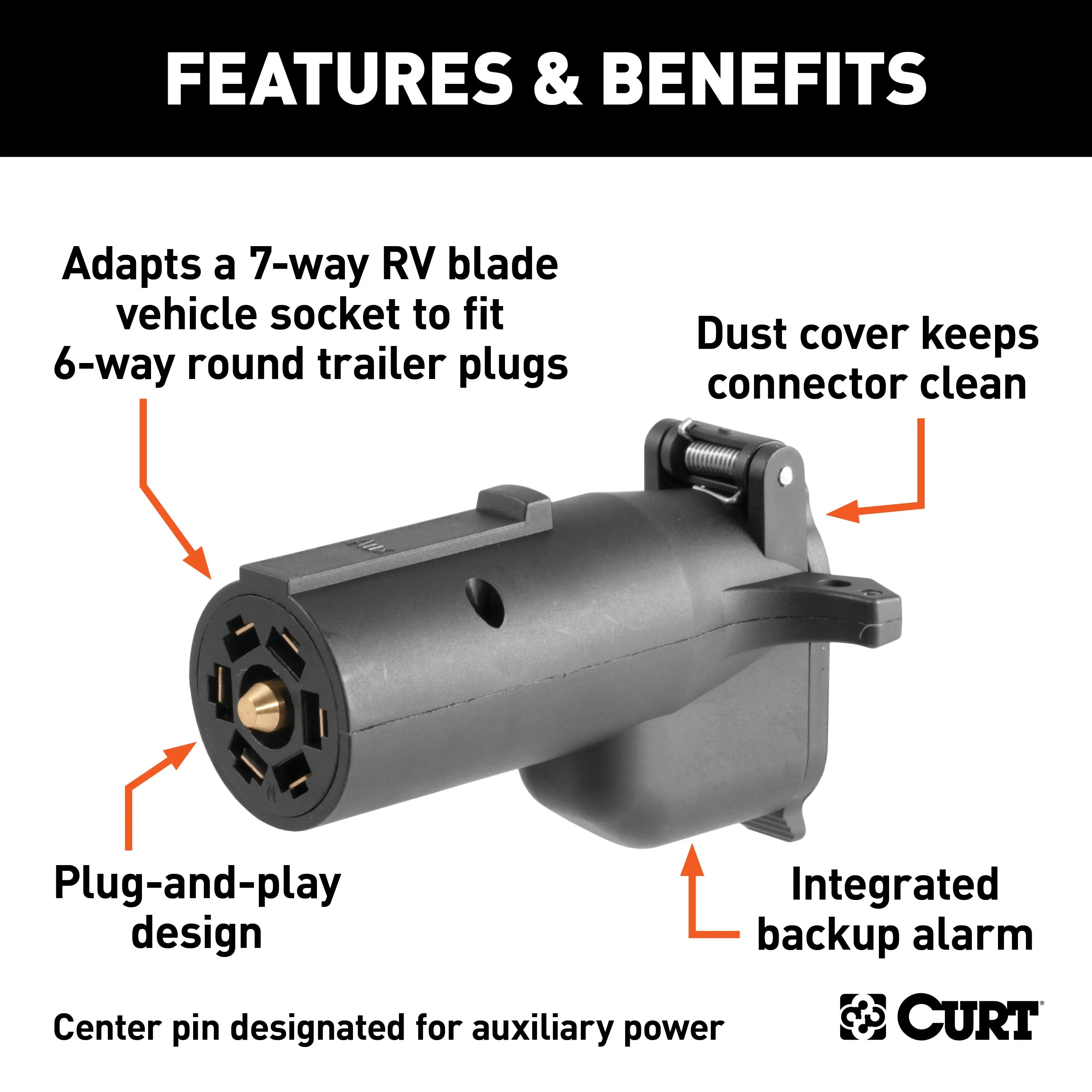 CURT 57726 Adapter with Alarm (7-Way RV Blade to 6-Way Round Trailer; Center Pin Auxiliary)