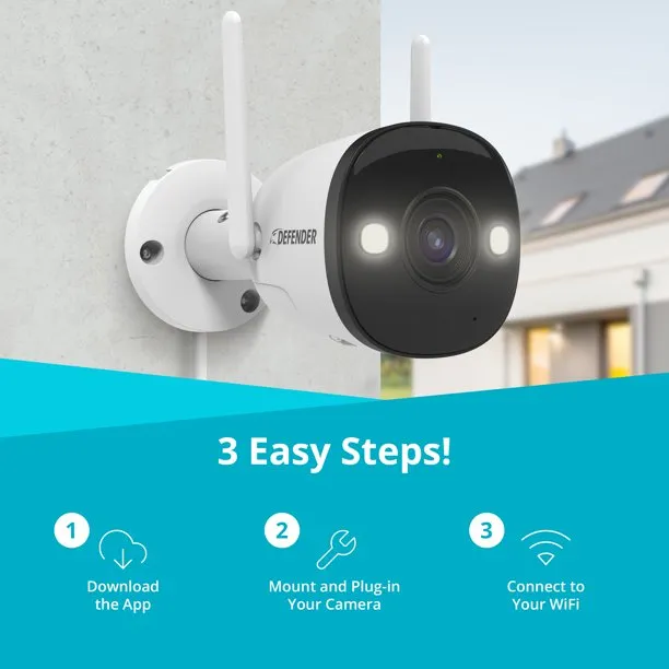 Defender IP4MCB4PRO Guard Pro 2K WiFi. Plug-In Power Security Camera w/ Color Night Vision, Two-Way Talk, 4 Pack