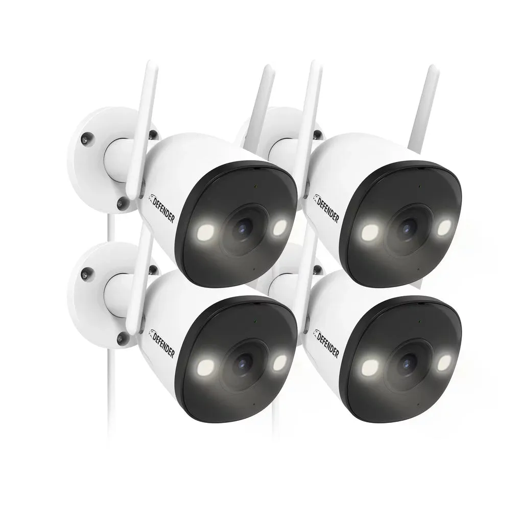 Defender IP4MCB4PRO Guard Pro 2K WiFi. Plug-In Power Security Camera w/ Color Night Vision, Two-Way Talk, 4 Pack