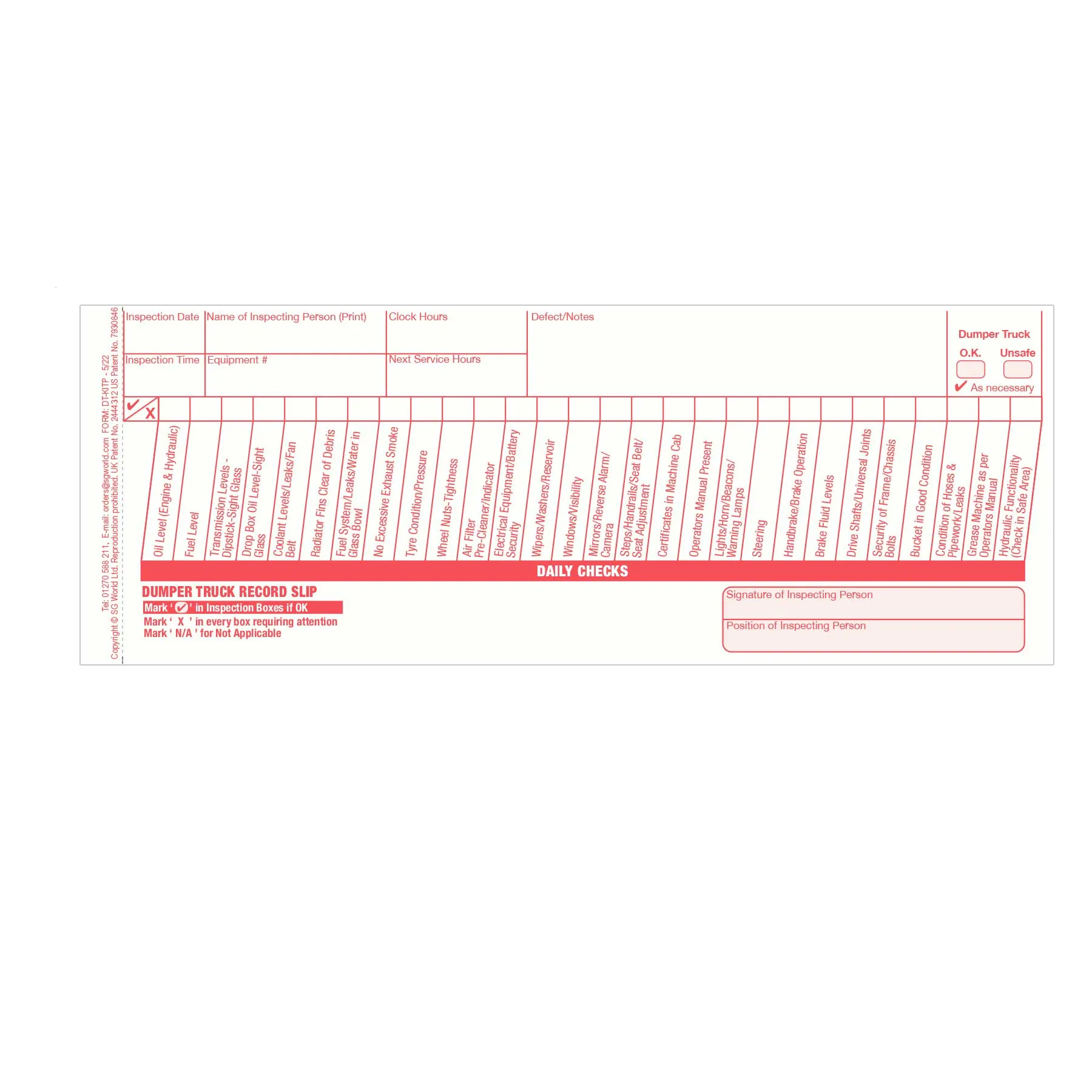 Dumper Truck Pre-Use Visual Inspection Checklist (Pad of 30)