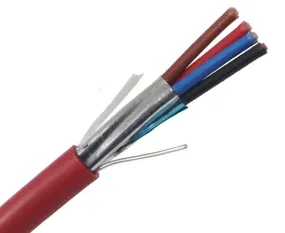 FPLP Fire Alarm Cable with Shielded Plenum, featuring 18/4 AWG Solid Bare Copper Conductors, a vibrant Red PVC Jacket, and a generous length of 1000 Ft.