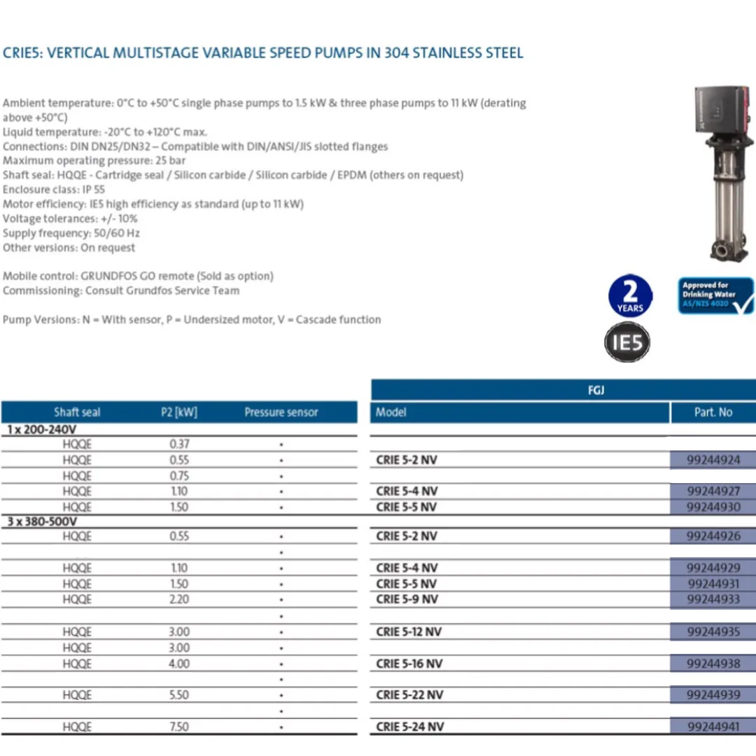 Grundfos CRIE 5 Variable Speed Vertical Multistage Pumps (Max 166LPM)