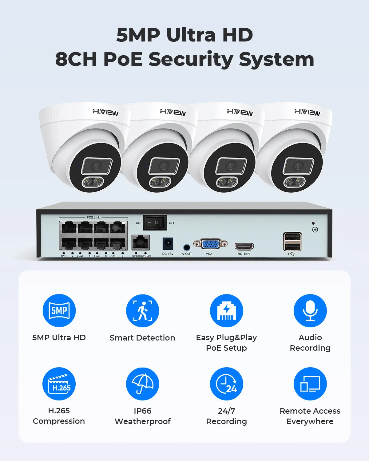 H.VIEW H.265 5MP PoE Security Camera System, 4pcs Spotlight IP Camera, AI Detection, 5MP 8CH NVR , 24-7 Recording