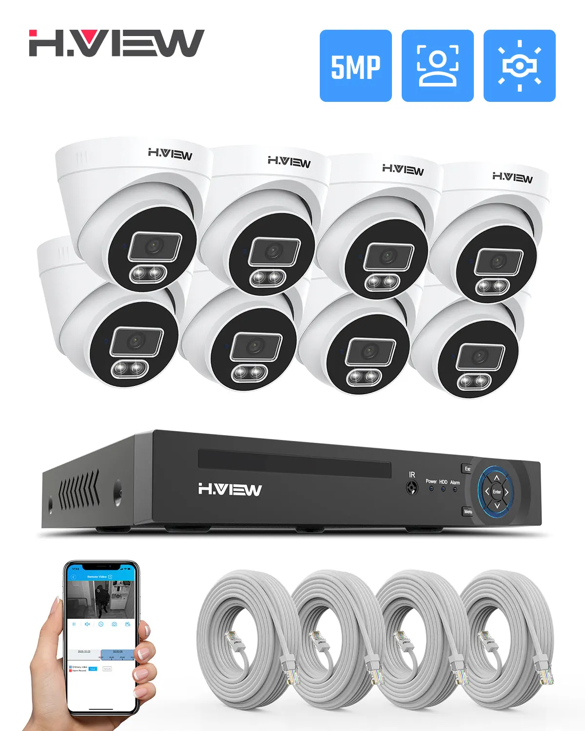 H.VIEW H.265 5MP PoE Security Camera System, 4pcs Spotlight IP Camera, AI Detection, 5MP 8CH NVR , 24-7 Recording