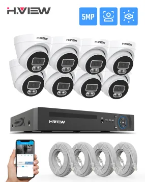 H.VIEW H.265 5MP PoE Security Camera System, 4pcs Spotlight IP Camera, AI Detection, 5MP 8CH NVR , 24-7 Recording