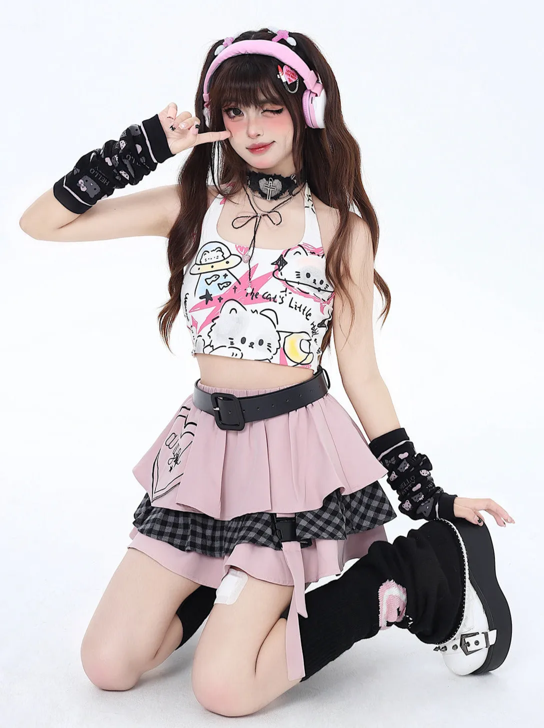 Pure Cute Print Halter Neck Top Graffiti Cat
