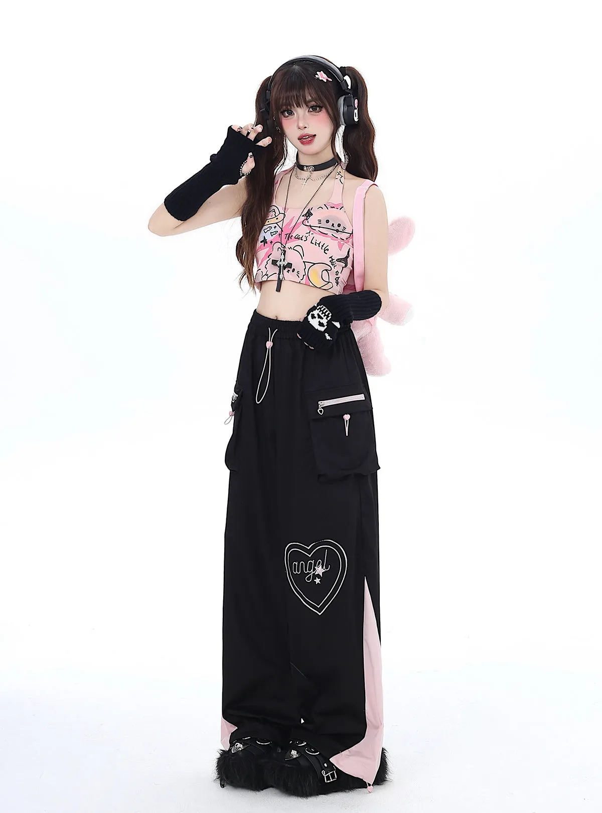 Pure Cute Print Halter Neck Top Graffiti Cat