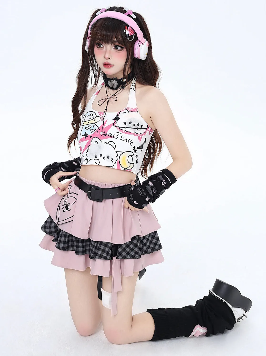 Pure Cute Print Halter Neck Top Graffiti Cat